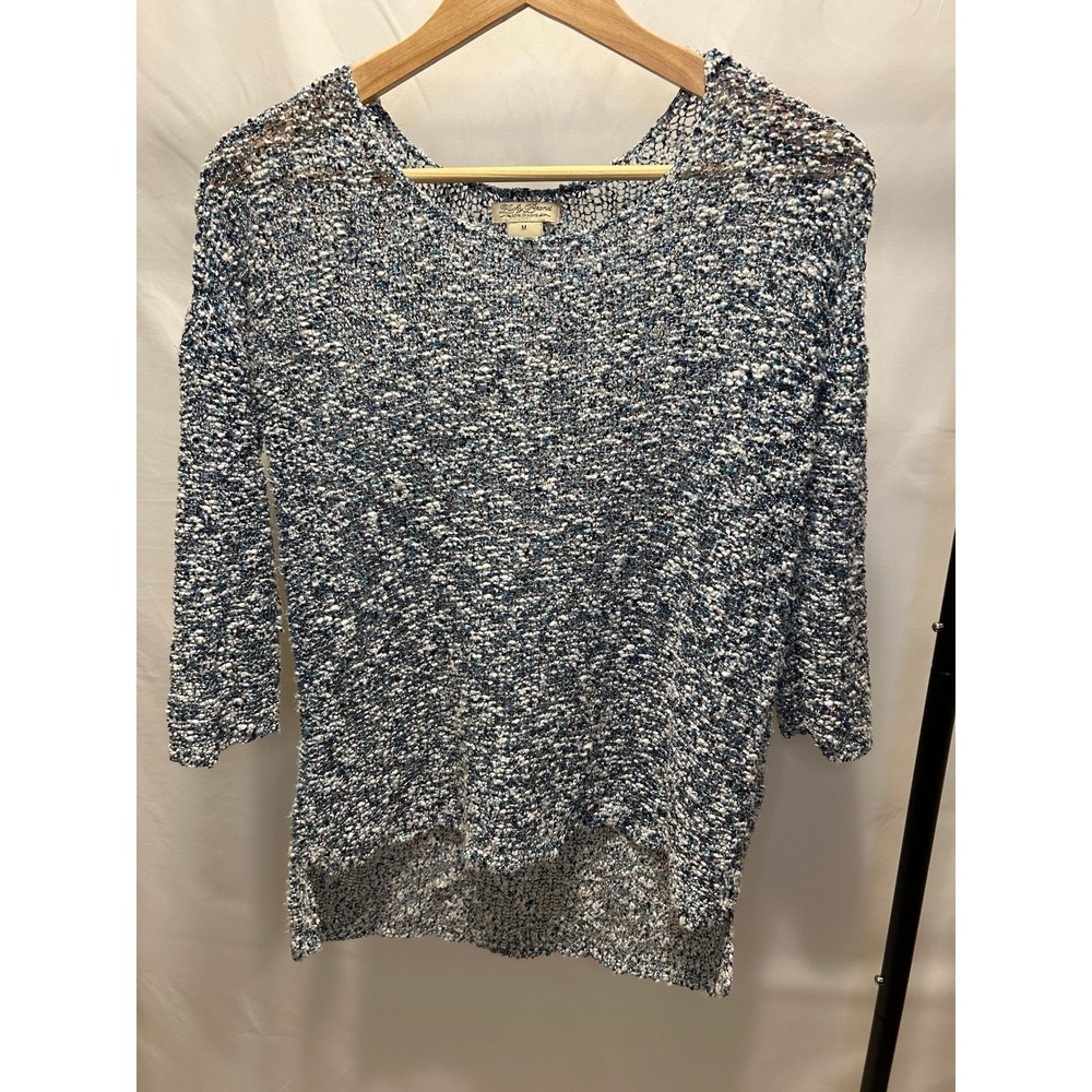 Lucky Brand Sweater Women M Blue Excellent Open Knit High-Low 3/4 Sleeve